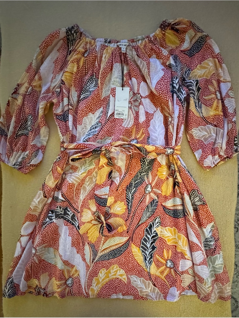 100% Cotton Relaxed Fit Floral Peasant Dress in Red and Yellow